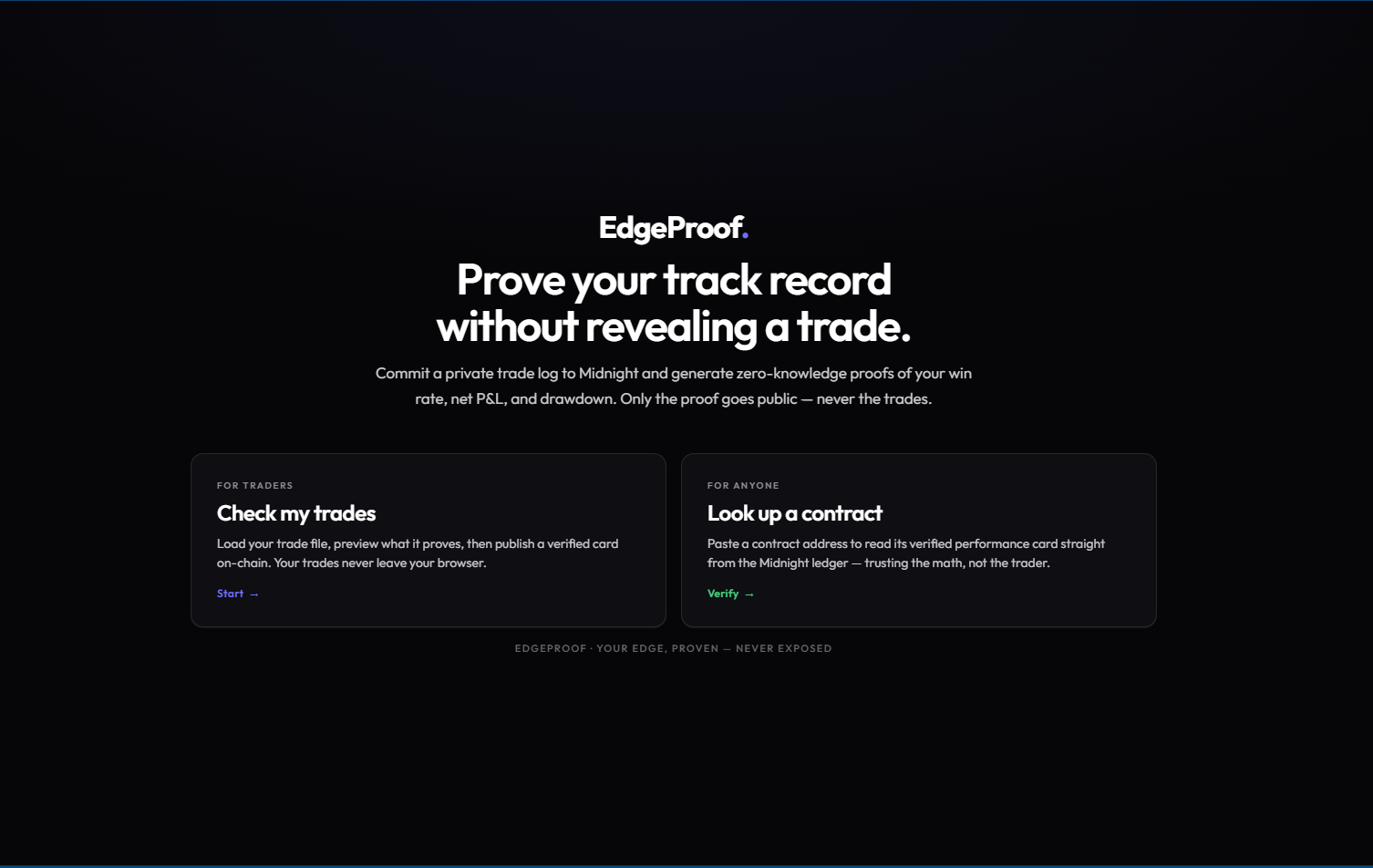 Two ways in — preview your own trades locally, or look up any contract's verified card