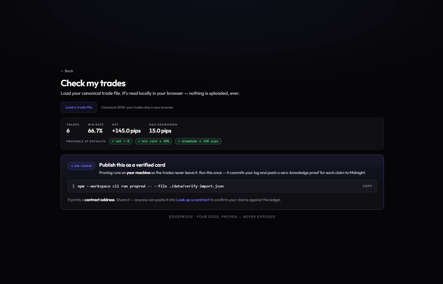 Check my trades — a trade file parsed entirely in the browser, showing which claims it can prove